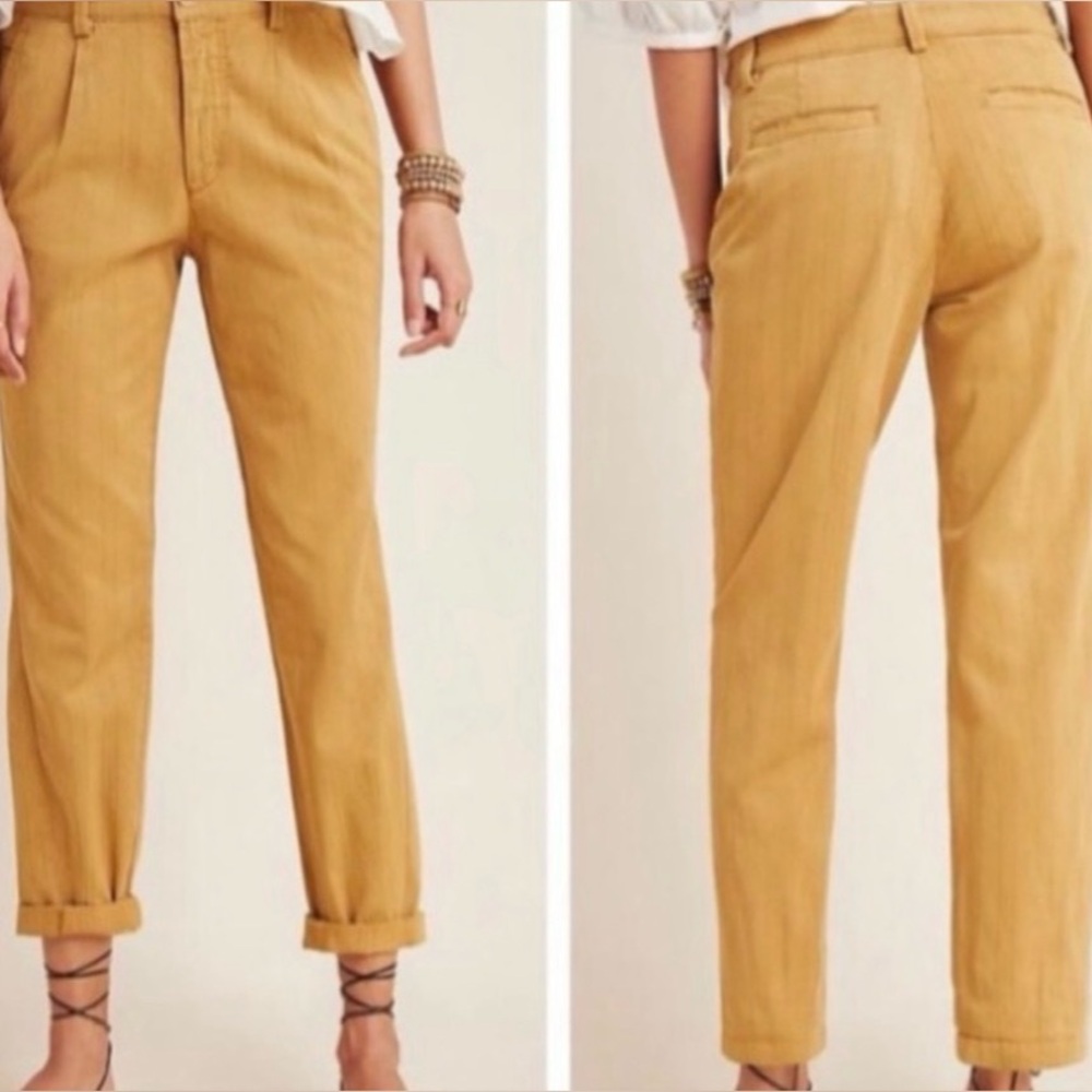 Anthropologie Boho Mustard Textured Pleated Straight Leg Pants Size 28